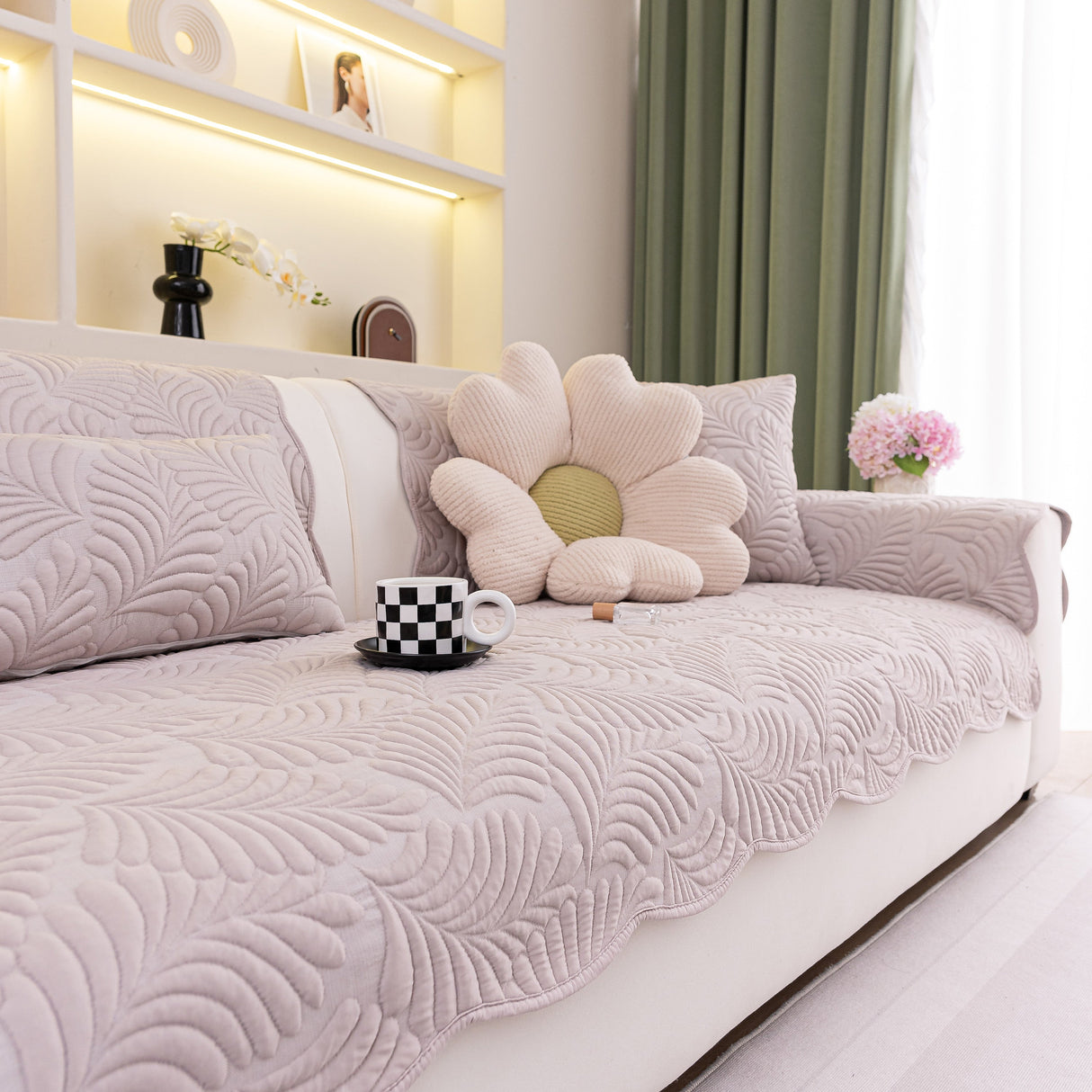 Sofa Cover for Leather & Fabric Couches, 3D Leaf Embossed Quilted Furniture Covers