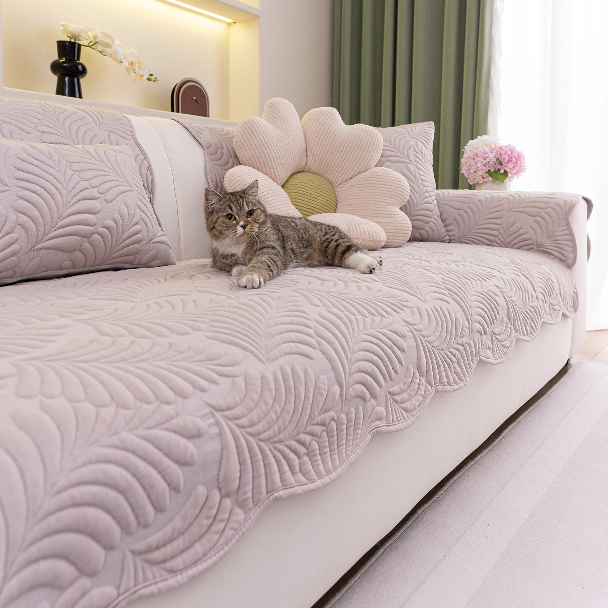 Sofa Cover for Leather & Fabric Couches, 3D Leaf Embossed Quilted Furniture Covers