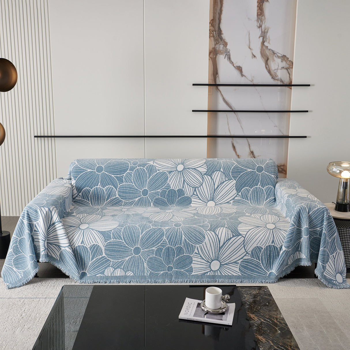 Chenille Jacquard Sofa Throw Cover with Tassels, All-Season Furniture Protector for Home and Office