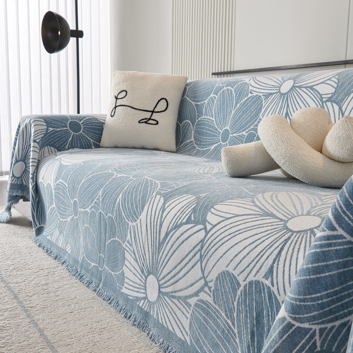 Chenille Jacquard Sofa Throw Cover with Tassels, All-Season Furniture Protector for Home and Office