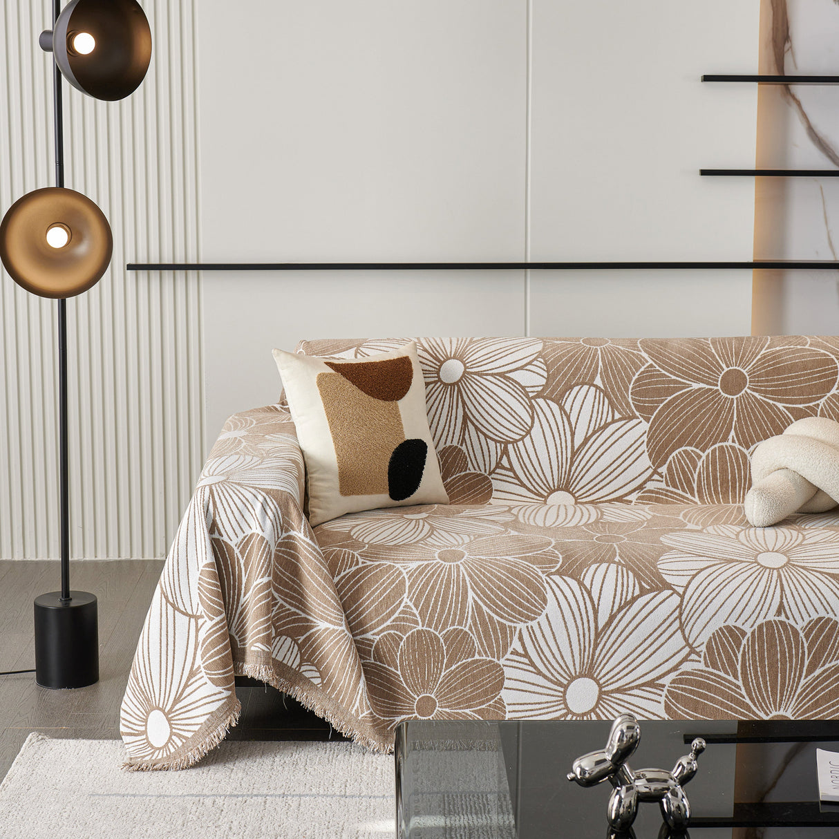 Chenille Jacquard Sofa Throw Cover with Tassels, All-Season Furniture Protector for Home and Office