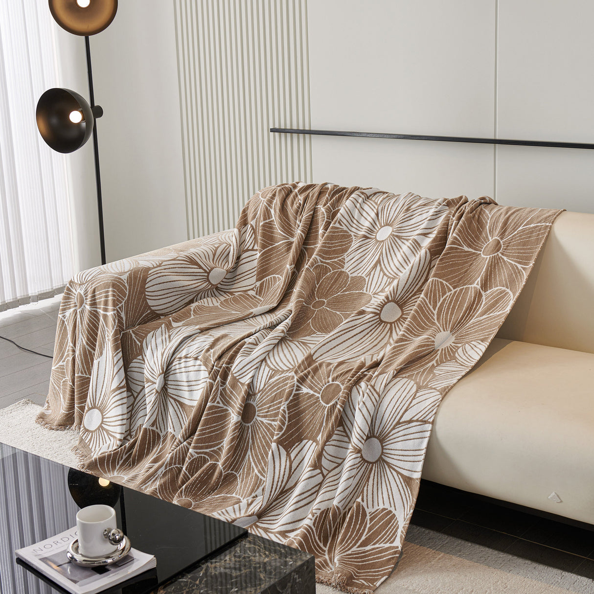 Chenille Jacquard Sofa Throw Cover with Tassels, All-Season Furniture Protector for Home and Office