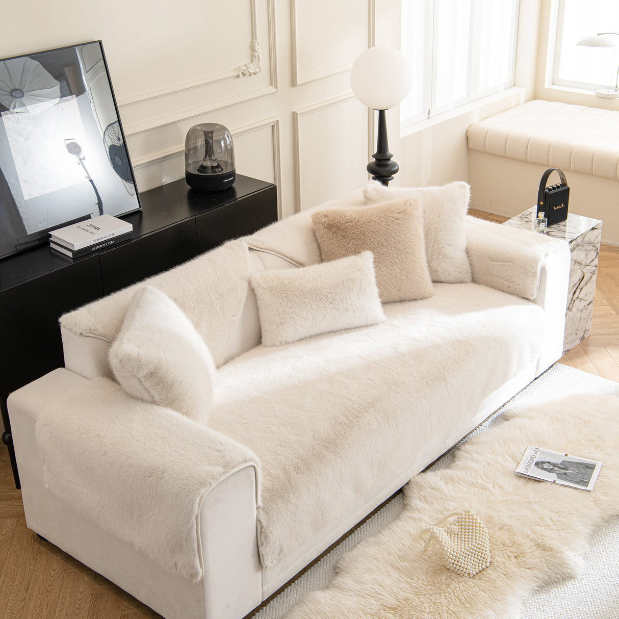 Faux Mink Velvet Luxury Fluffy Sofa Cushion, Winter Warm Thick Plush Non-slip Sofa Covers