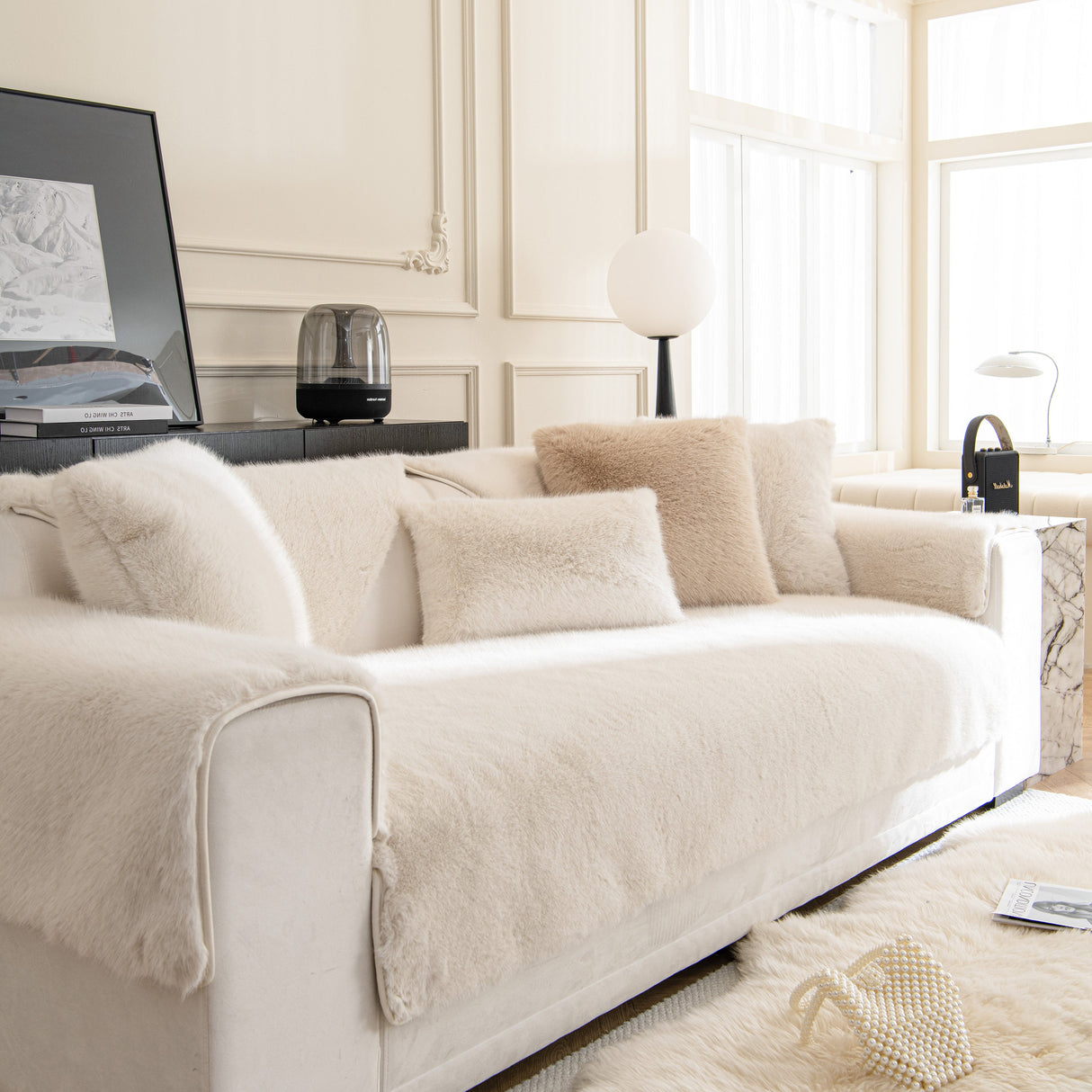 Faux Mink Velvet Luxury Fluffy Sofa Cushion, Winter Warm Thick Plush Non-slip Sofa Covers