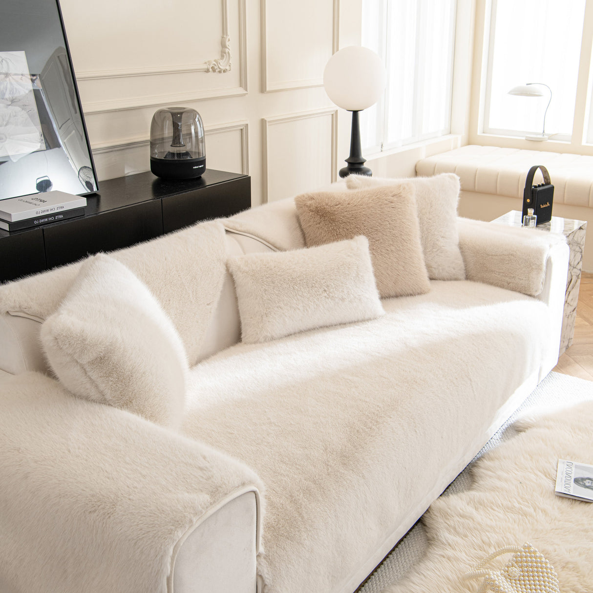 Faux Mink Velvet Luxury Fluffy Sofa Cushion, Winter Warm Thick Plush Non-slip Sofa Covers