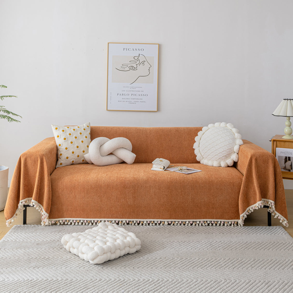 Couch Cover Sectional L Shape Chenille Herringbone Couch Throw Cover with Tassel Pom-Poms for Pets