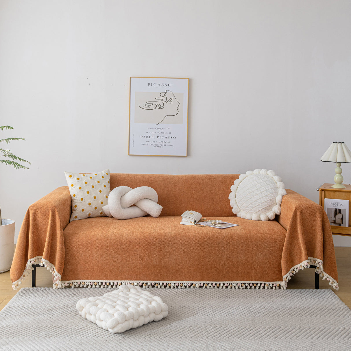 Boho Herringbone Sofa Throw Blanket with Pom Pom Tassels Stylish Furniture Slipcover