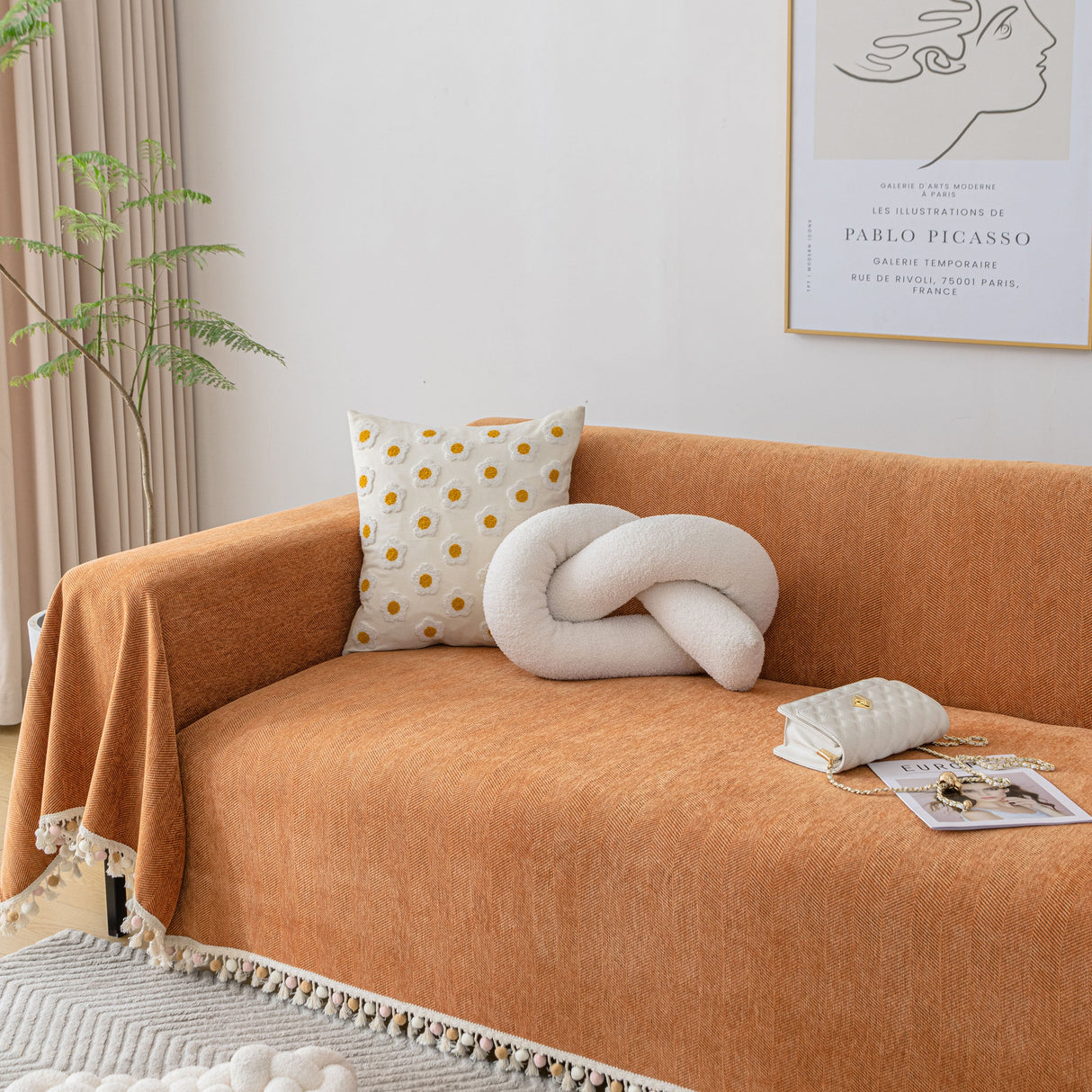 Boho Herringbone Sofa Throw Blanket with Pom Pom Tassels Stylish Furniture Slipcover