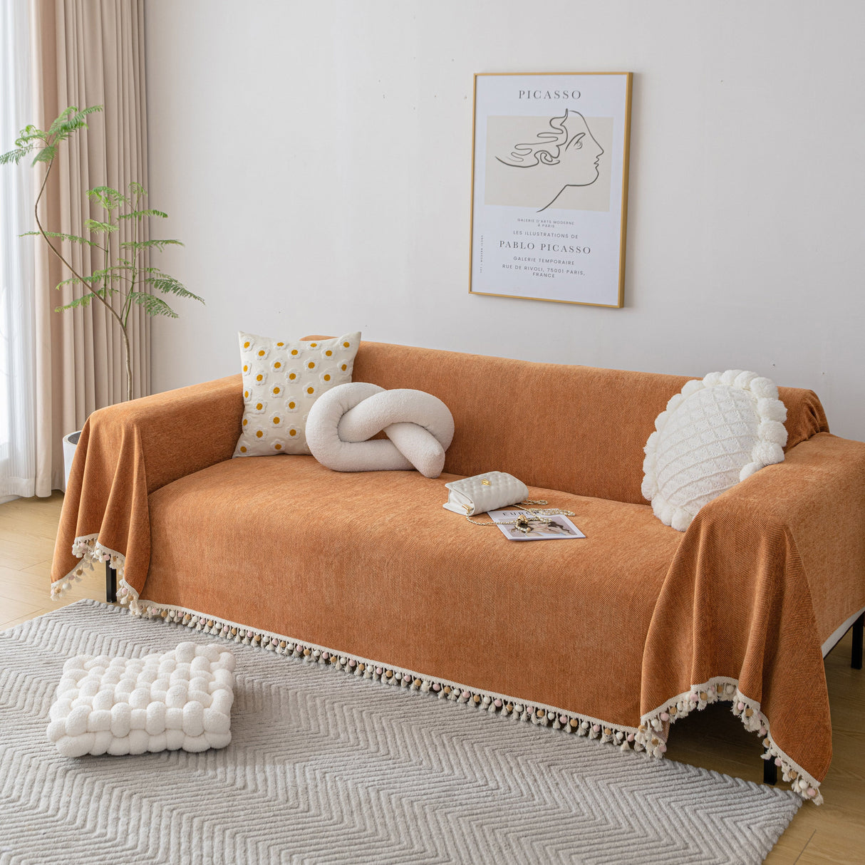 Boho Herringbone Sofa Throw Blanket with Pom Pom Tassels Stylish Furniture Slipcover