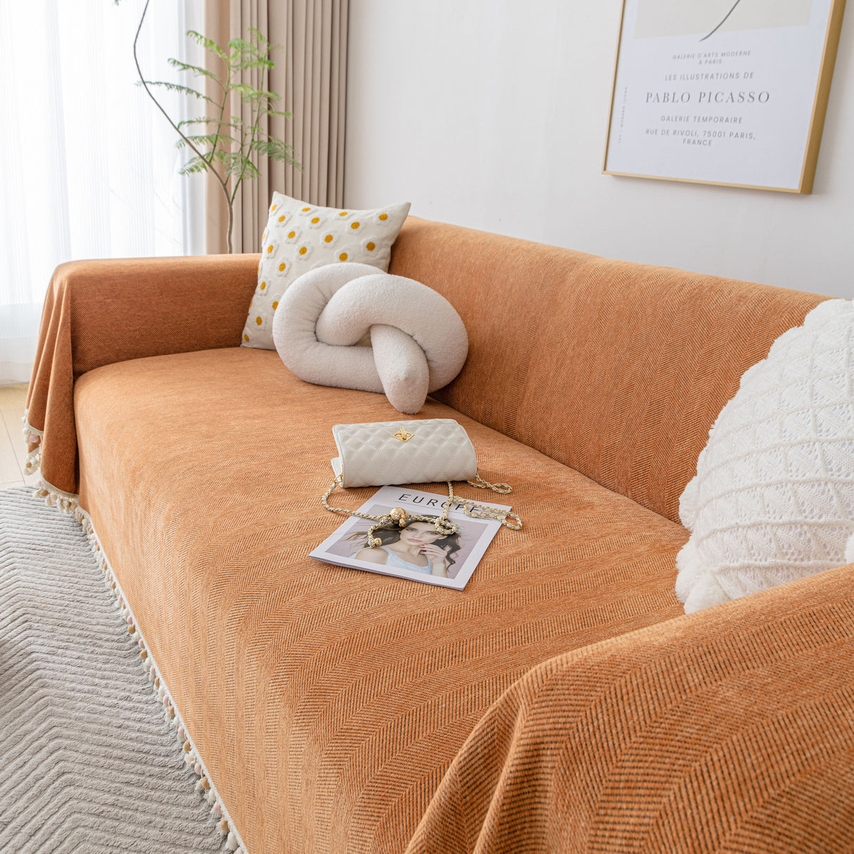 Boho Herringbone Sofa Throw Blanket with Pom Pom Tassels Stylish Furniture Slipcover