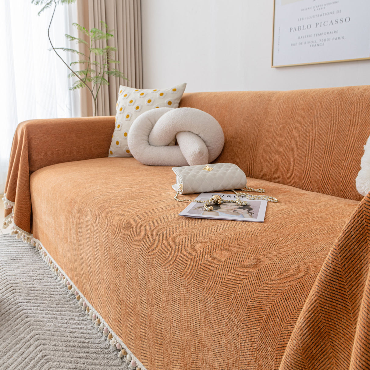 Boho Herringbone Sofa Throw Blanket with Pom Pom Tassels Stylish Furniture Slipcover