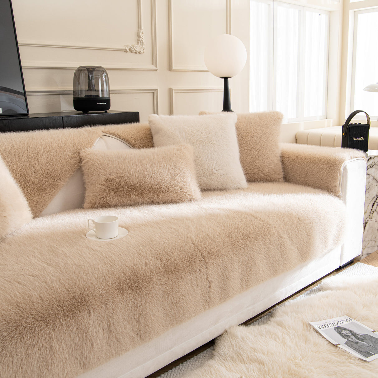 Faux Mink Velvet Luxury Fluffy Sofa Cushion, Winter Warm Thick Plush Non-slip Sofa Covers