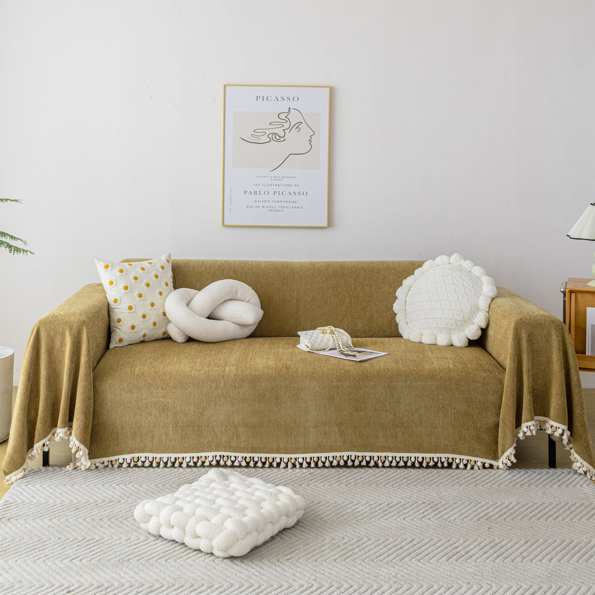 Couch Cover Sectional L Shape Chenille Herringbone Couch Throw Cover with Tassel Pom-Poms for Pets