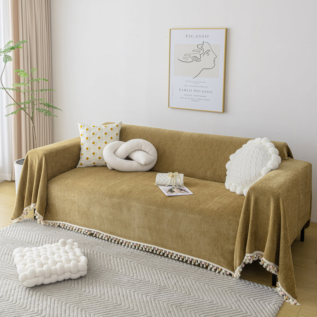 Boho Herringbone Sofa Throw Blanket with Pom Pom Tassels Stylish Furniture Slipcover