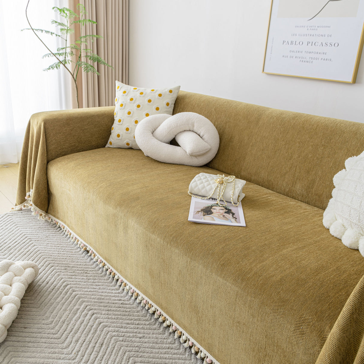 Boho Herringbone Sofa Throw Blanket with Pom Pom Tassels Stylish Furniture Slipcover