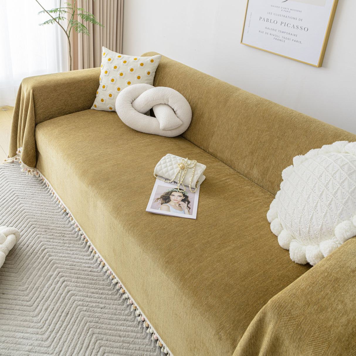 Boho Herringbone Sofa Throw Blanket with Pom Pom Tassels Stylish Furniture Slipcover