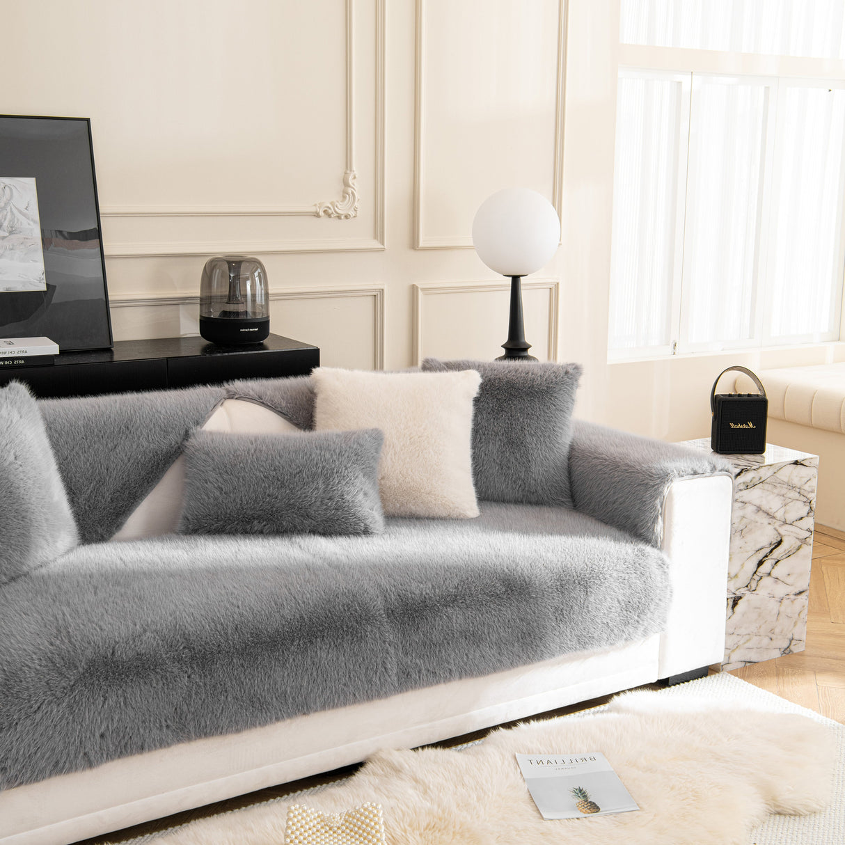 Faux Mink Velvet Luxury Fluffy Sofa Cushion, Winter Warm Thick Plush Non-slip Sofa Covers