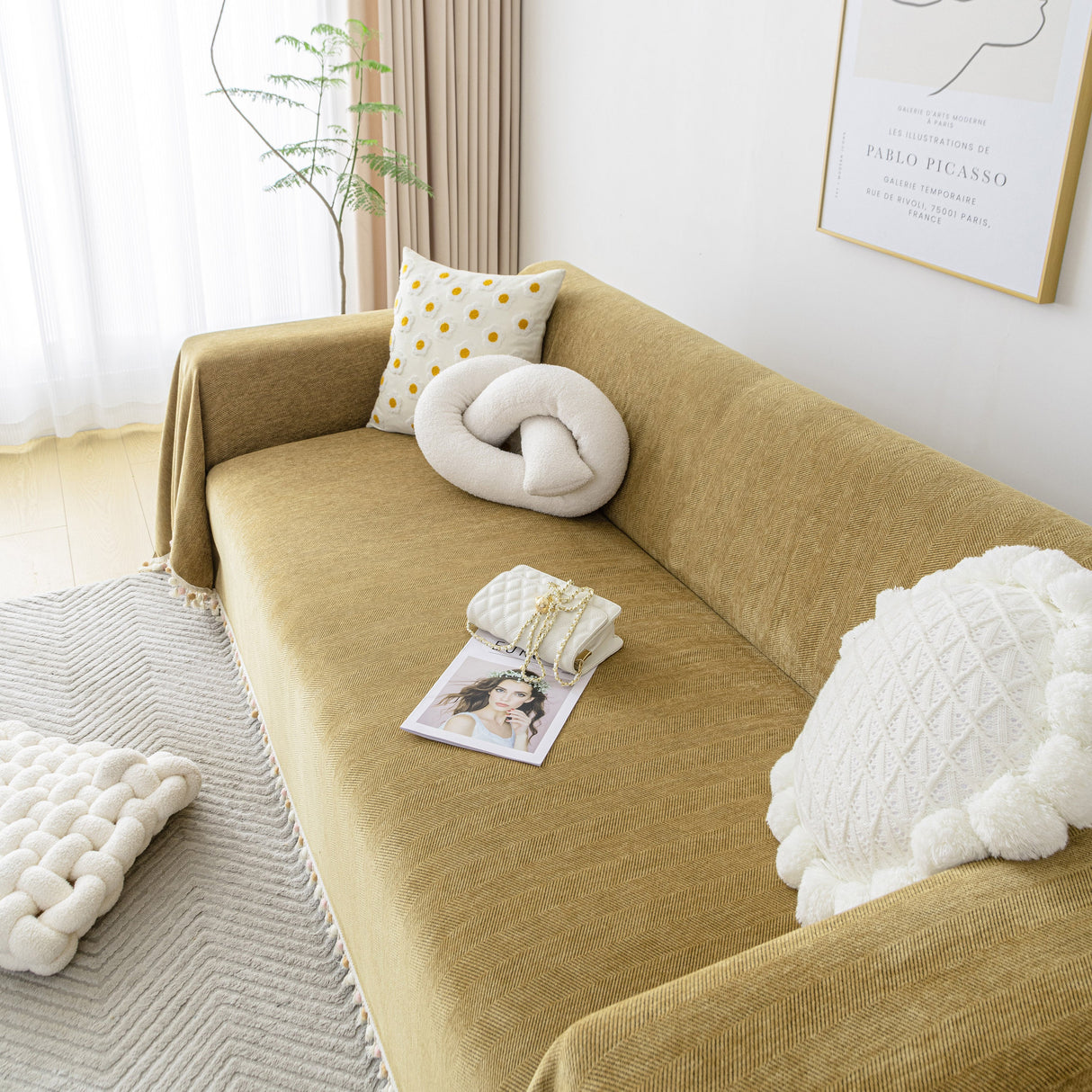 Boho Herringbone Sofa Throw Blanket with Pom Pom Tassels Stylish Furniture Slipcover