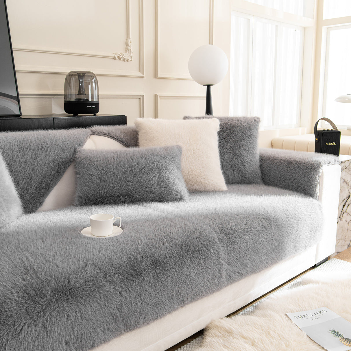 Faux Mink Velvet Luxury Fluffy Sofa Cushion, Winter Warm Thick Plush Non-slip Sofa Covers