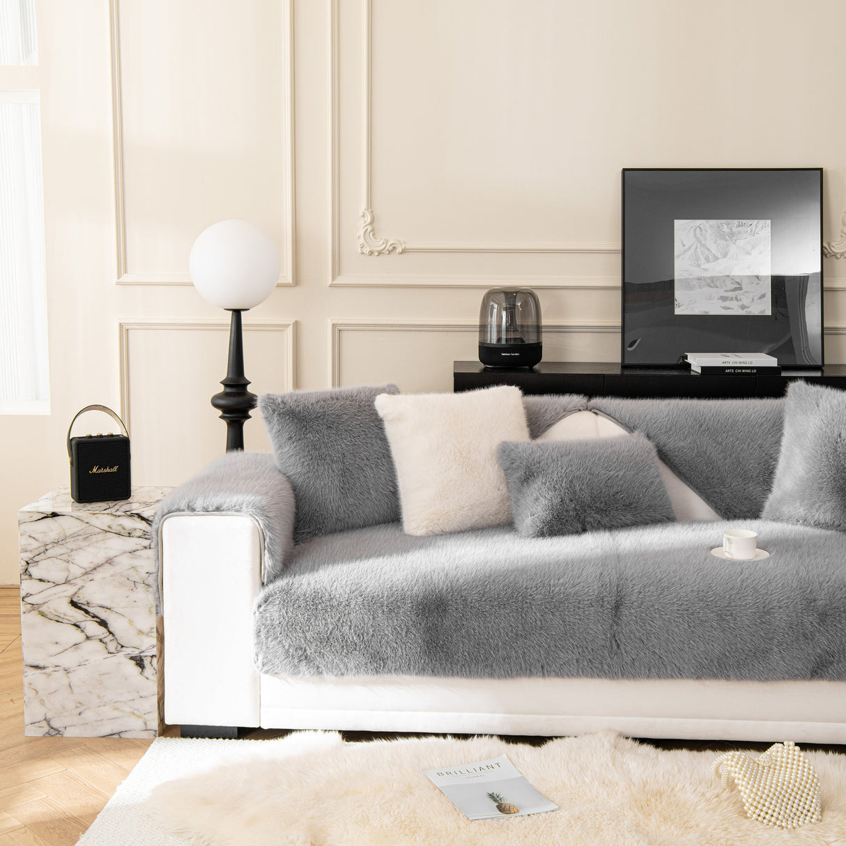 Faux Mink Velvet Luxury Fluffy Sofa Cushion, Winter Warm Thick Plush Non-slip Sofa Covers