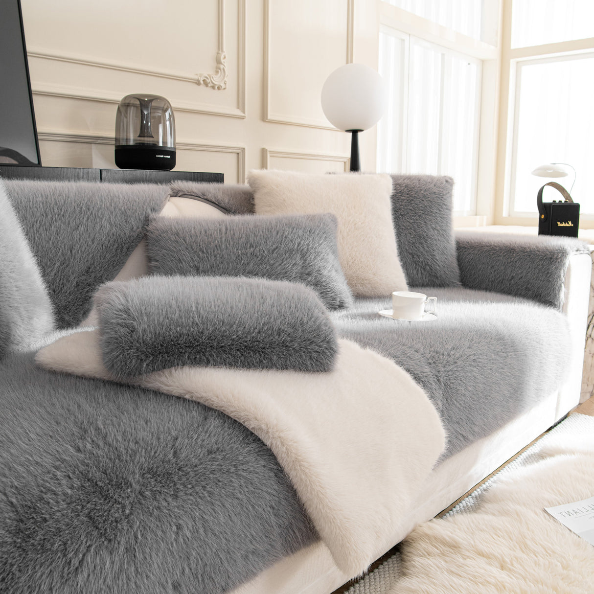 Faux Mink Velvet Luxury Fluffy Sofa Cushion, Winter Warm Thick Plush Non-slip Sofa Covers