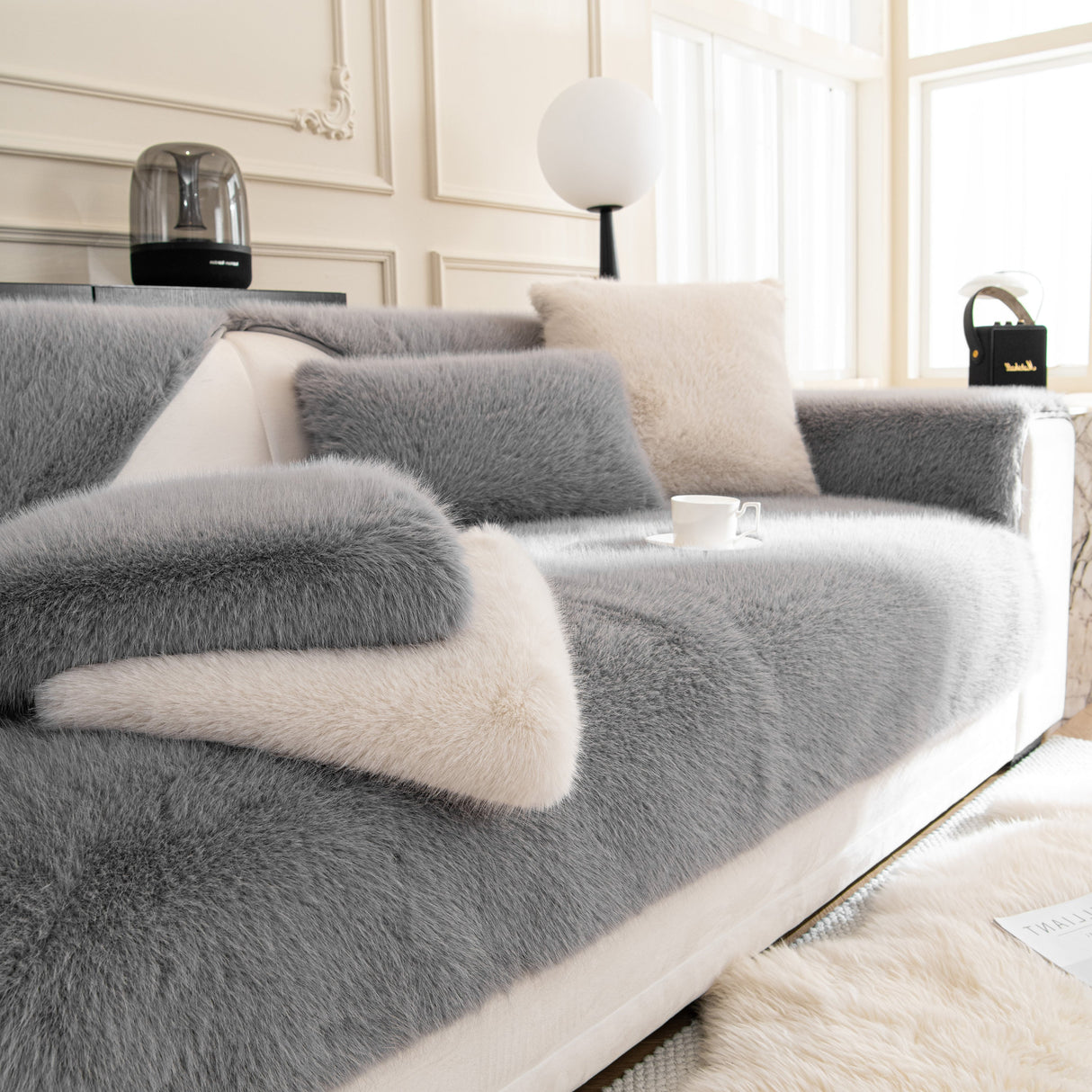 Faux Mink Velvet Luxury Fluffy Sofa Cushion, Winter Warm Thick Plush Non-slip Sofa Covers