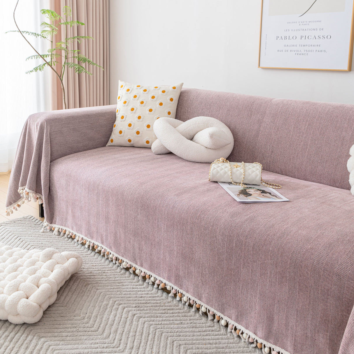Boho Herringbone Sofa Throw Blanket with Pom Pom Tassels Stylish Furniture Slipcover