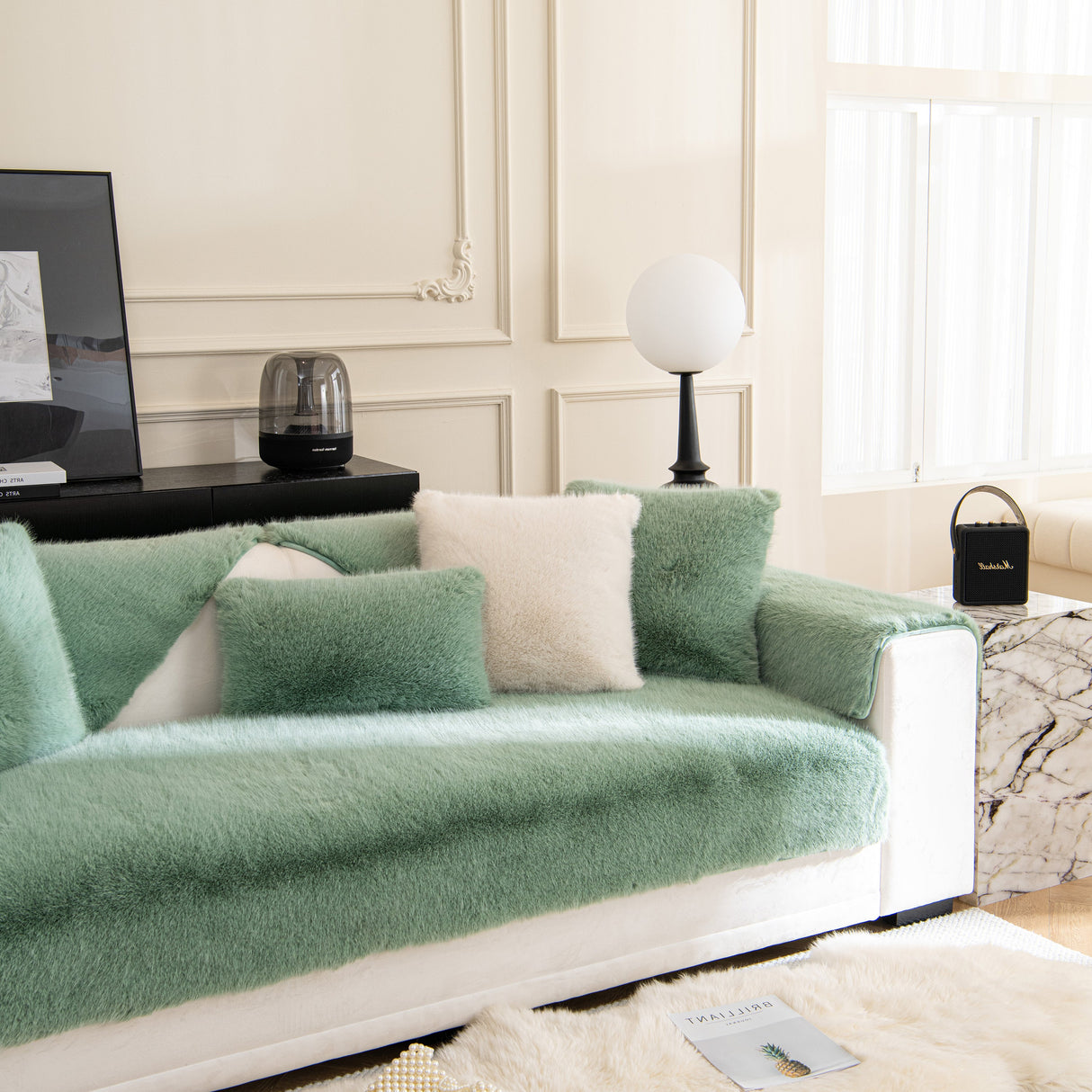 Faux Mink Velvet Luxury Fluffy Sofa Cushion, Winter Warm Thick Plush Non-slip Sofa Covers