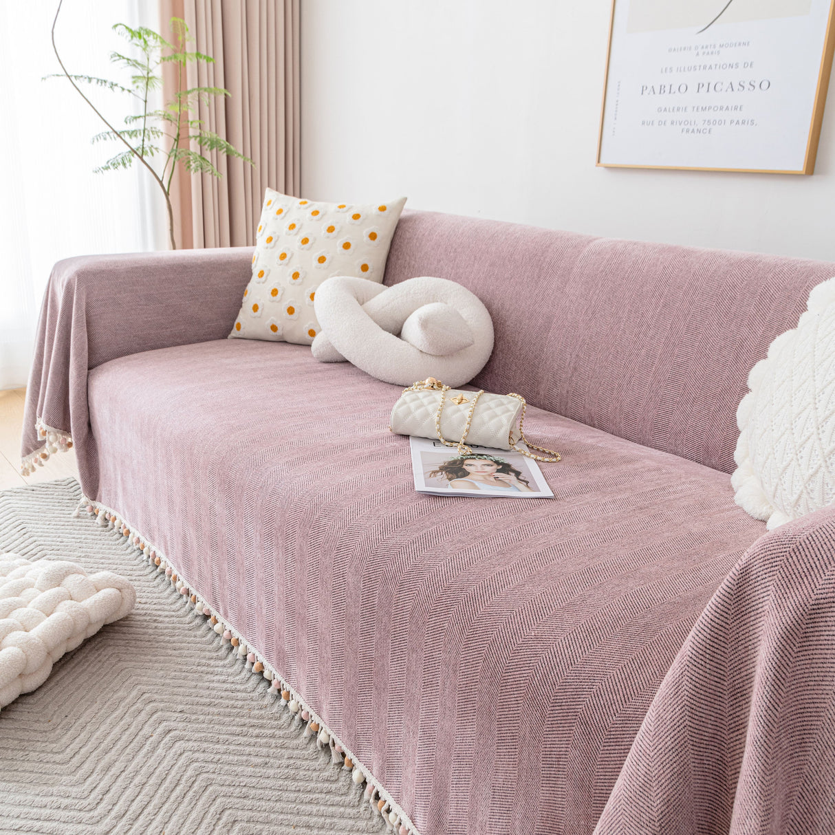 Boho Herringbone Sofa Throw Blanket with Pom Pom Tassels Stylish Furniture Slipcover