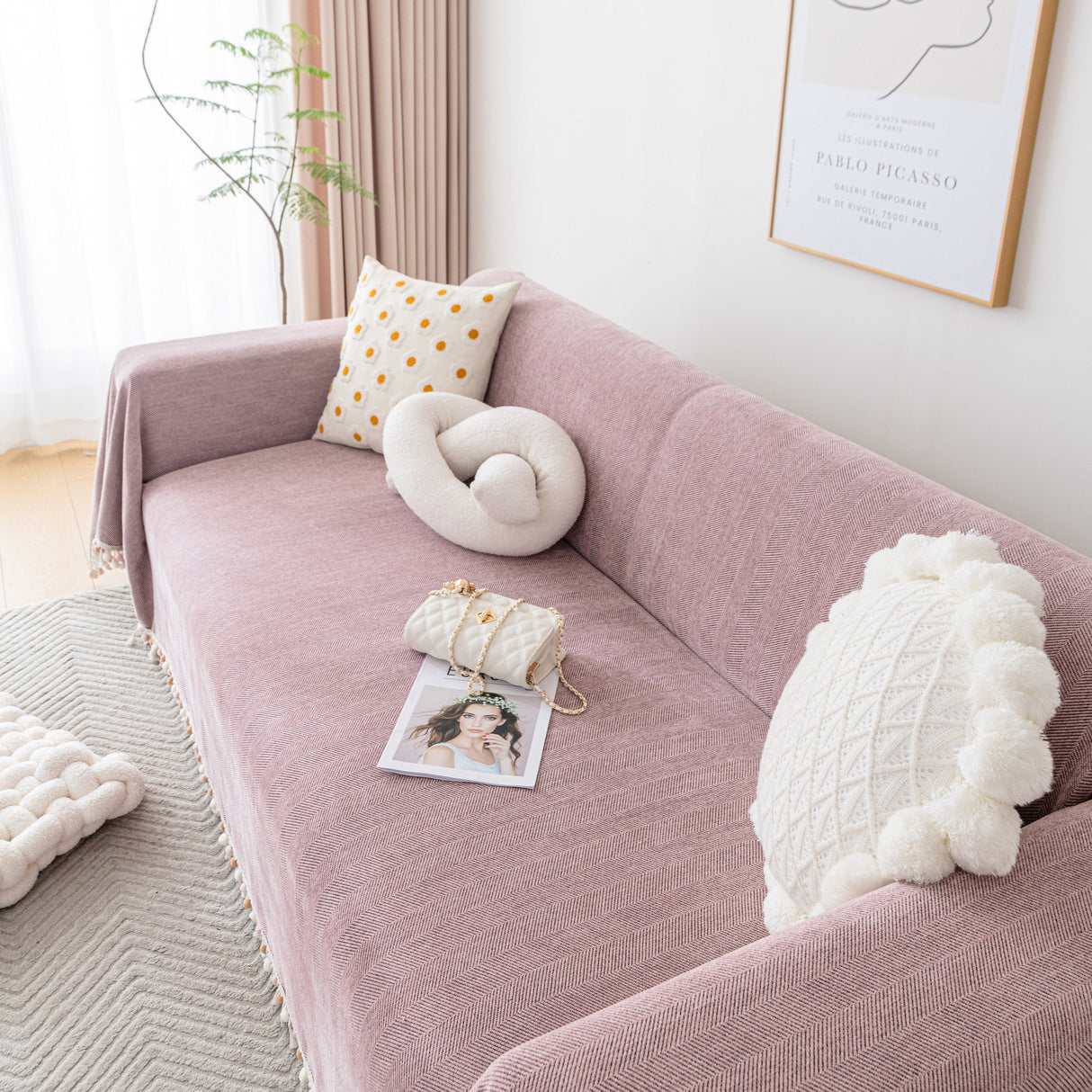 Boho Herringbone Sofa Throw Blanket with Pom Pom Tassels Stylish Furniture Slipcover