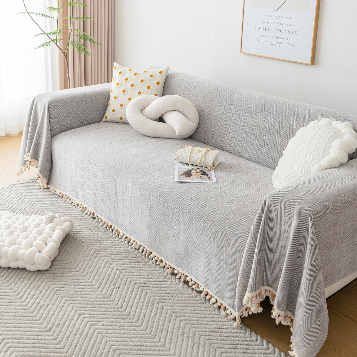 Couch Cover Sectional L Shape Chenille Herringbone Couch Throw Cover with Tassel Pom-Poms for Pets