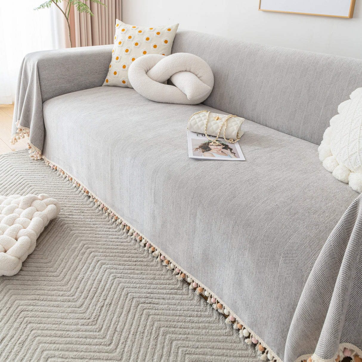 Couch Cover Sectional L Shape Chenille Herringbone Couch Throw Cover with Tassel Pom-Poms for Pets