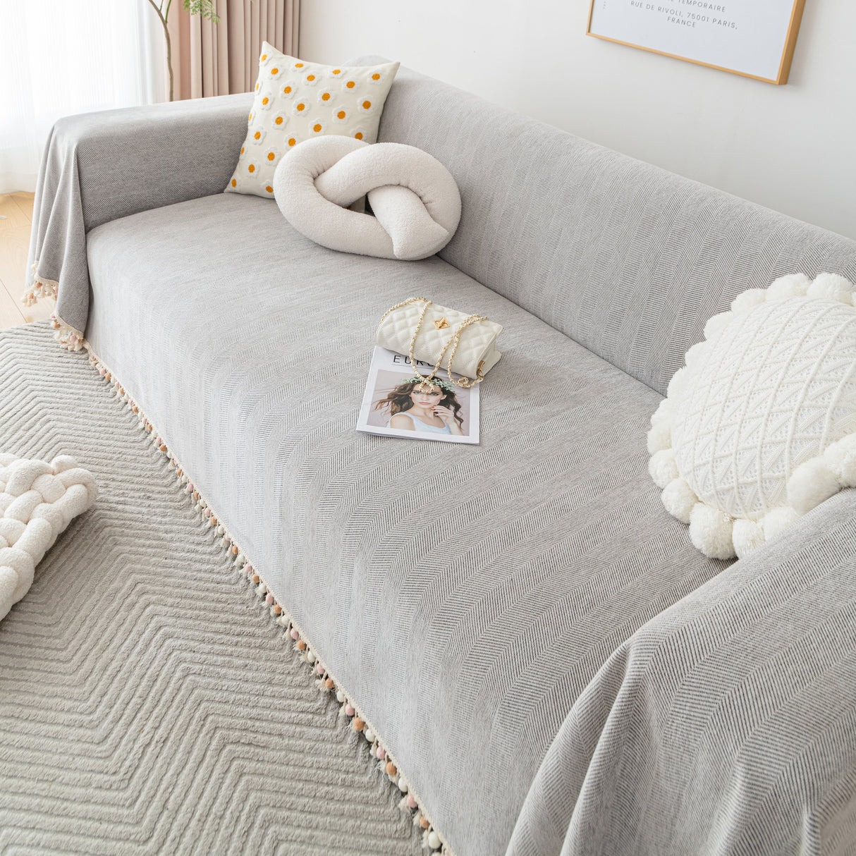 Couch Cover Sectional L Shape Chenille Herringbone Couch Throw Cover with Tassel Pom-Poms for Pets