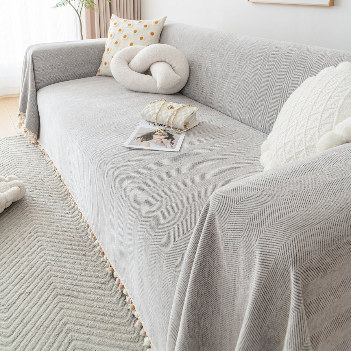 Couch Cover Sectional L Shape Chenille Herringbone Couch Throw Cover with Tassel Pom-Poms for Pets