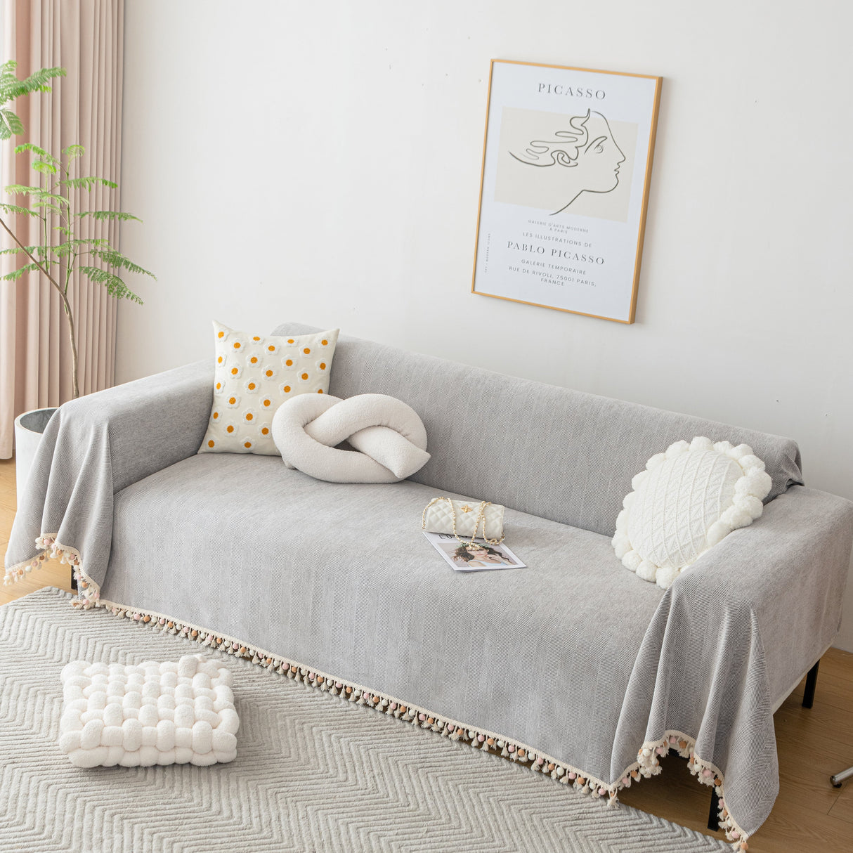 Couch Cover Sectional L Shape Chenille Herringbone Couch Throw Cover with Tassel Pom-Poms for Pets