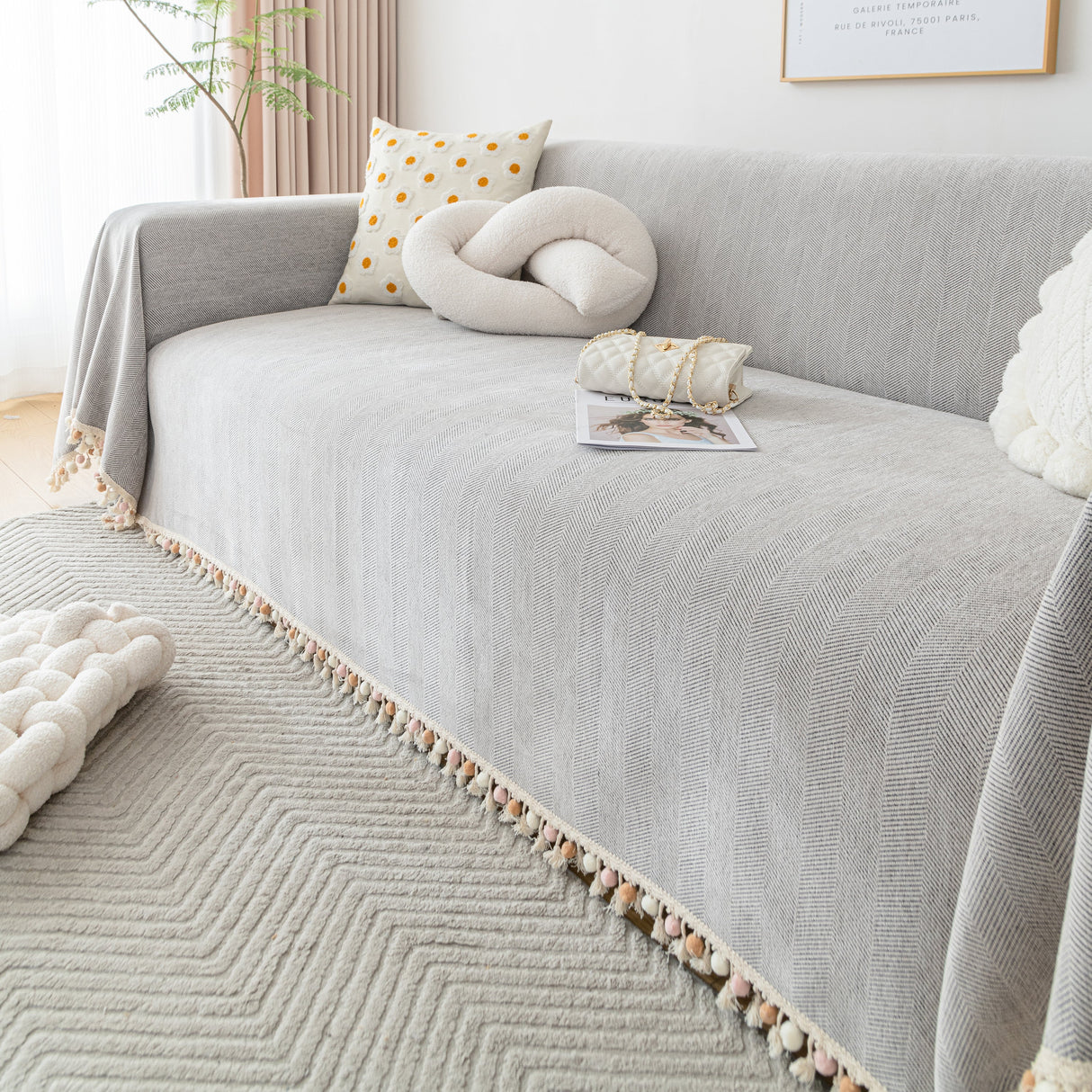 Couch Cover Sectional L Shape Chenille Herringbone Couch Throw Cover with Tassel Pom-Poms for Pets