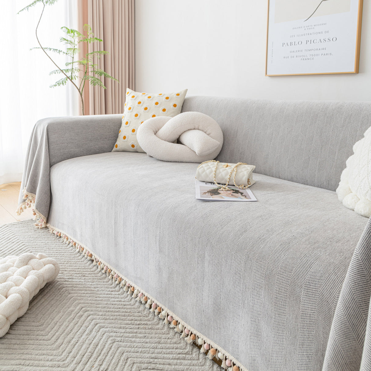 Boho Herringbone Sofa Throw Blanket with Pom Pom Tassels Stylish Furniture Slipcover