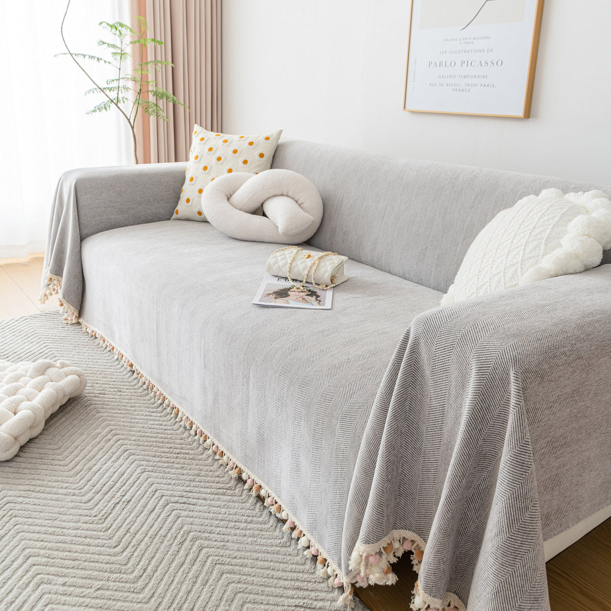 Boho Herringbone Sofa Throw Blanket with Pom Pom Tassels Stylish Furniture Slipcover