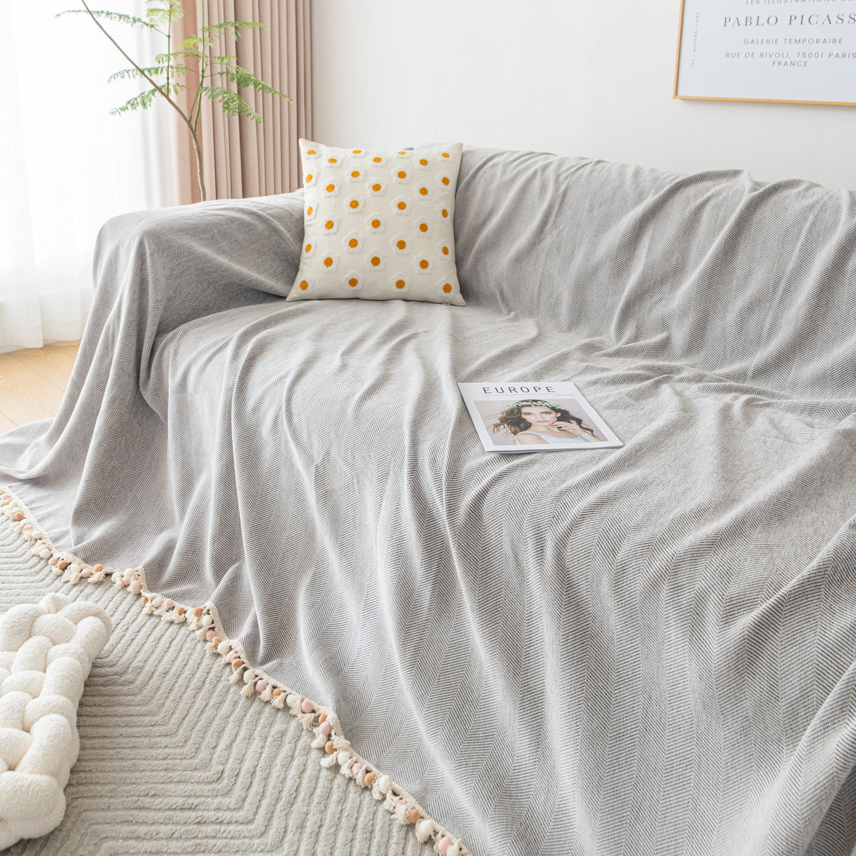 Couch Cover Sectional L Shape Chenille Herringbone Couch Throw Cover with Tassel Pom-Poms for Pets