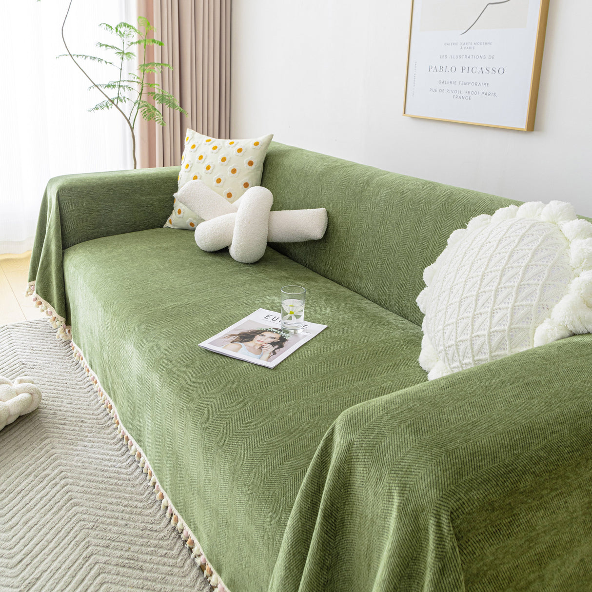 Boho Herringbone Sofa Throw Blanket with Pom Pom Tassels Stylish Furniture Slipcover