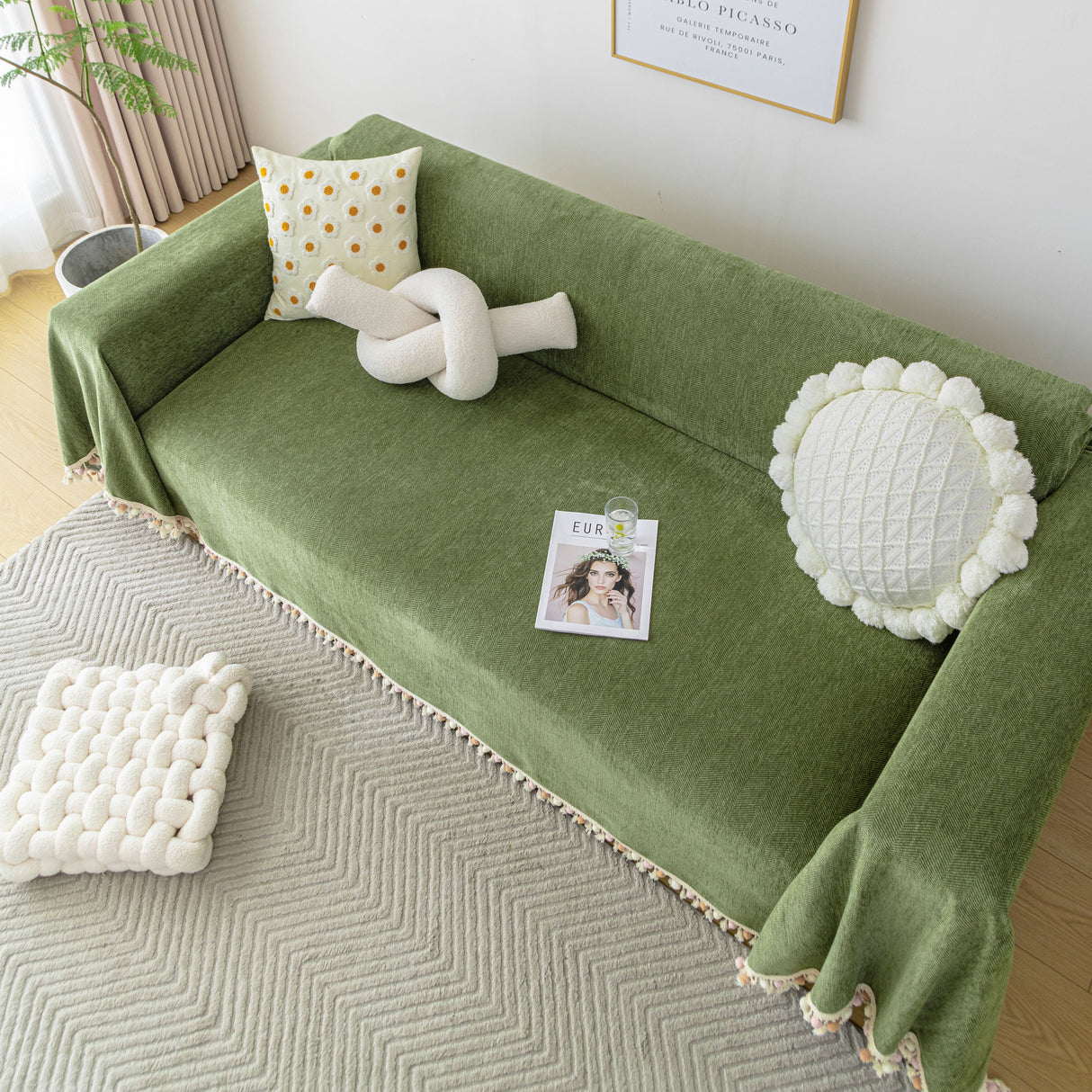 Boho Herringbone Sofa Throw Blanket with Pom Pom Tassels Stylish Furniture Slipcover