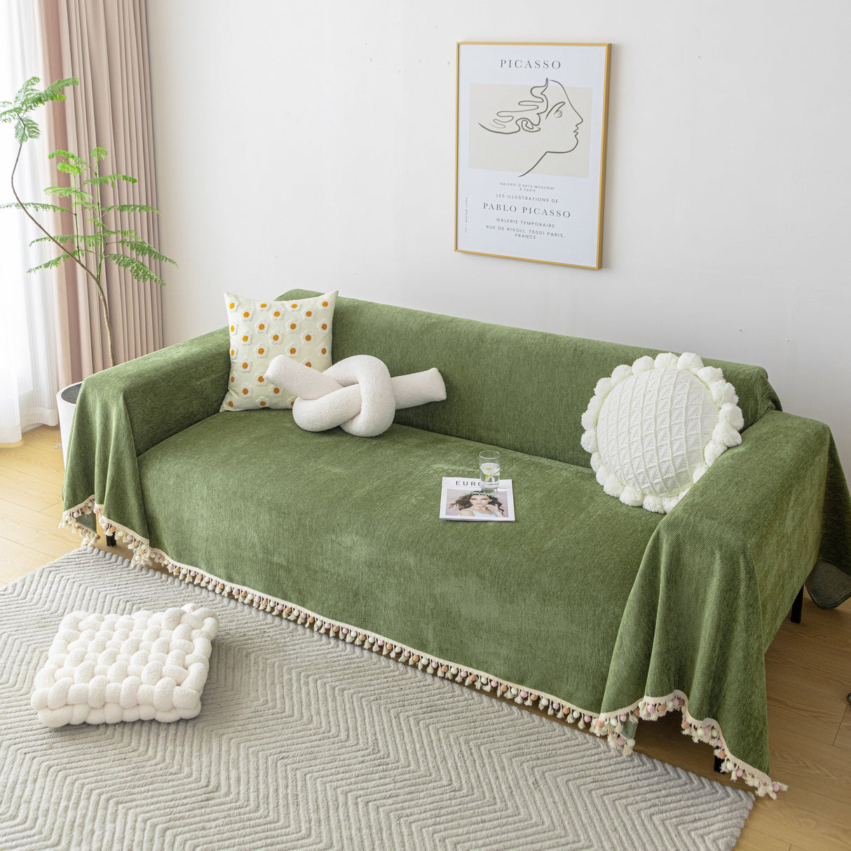 Boho Herringbone Sofa Throw Blanket with Pom Pom Tassels Stylish Furniture Slipcover