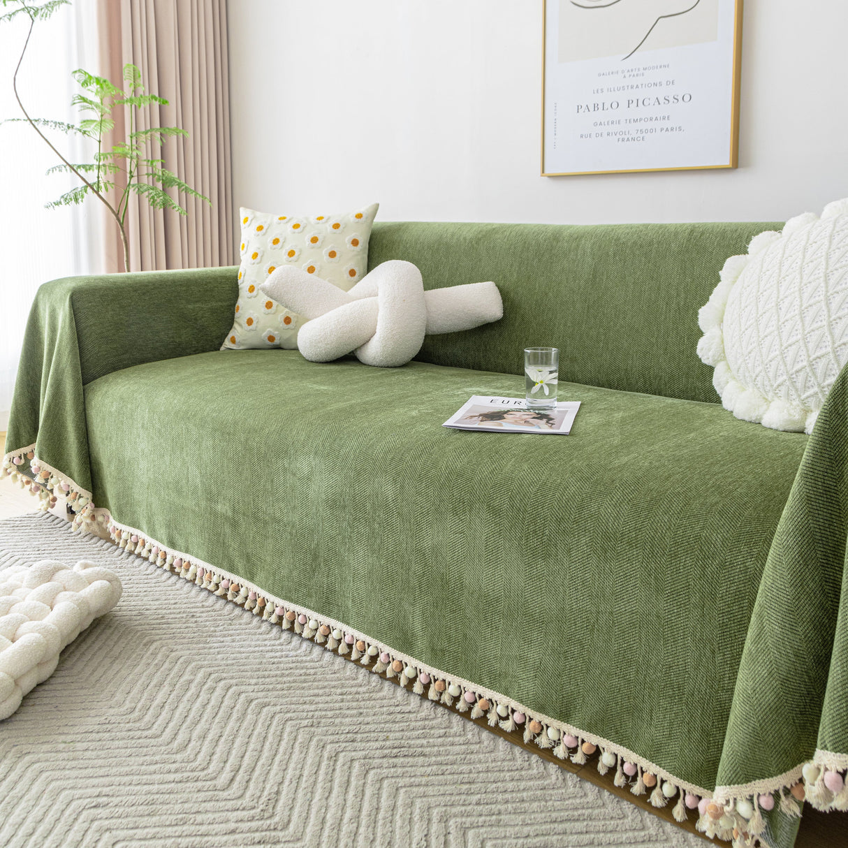 Couch Cover Sectional L Shape Chenille Herringbone Couch Throw Cover with Tassel Pom-Poms for Pets