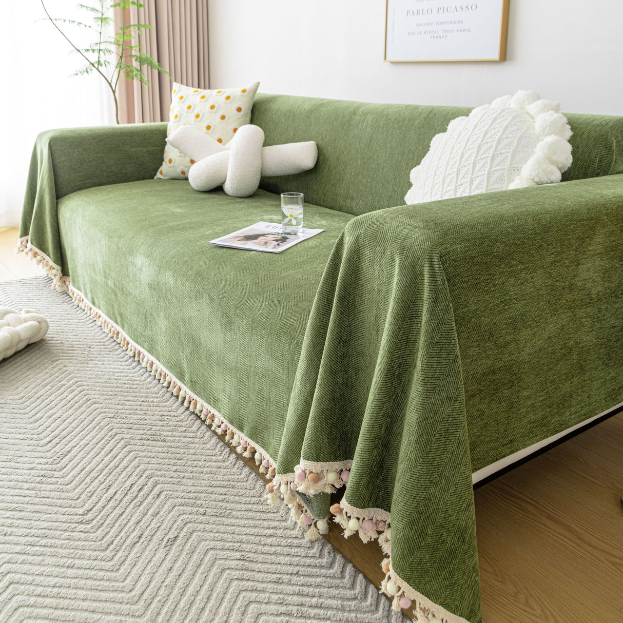 Boho Herringbone Sofa Throw Blanket with Pom Pom Tassels Stylish Furniture Slipcover