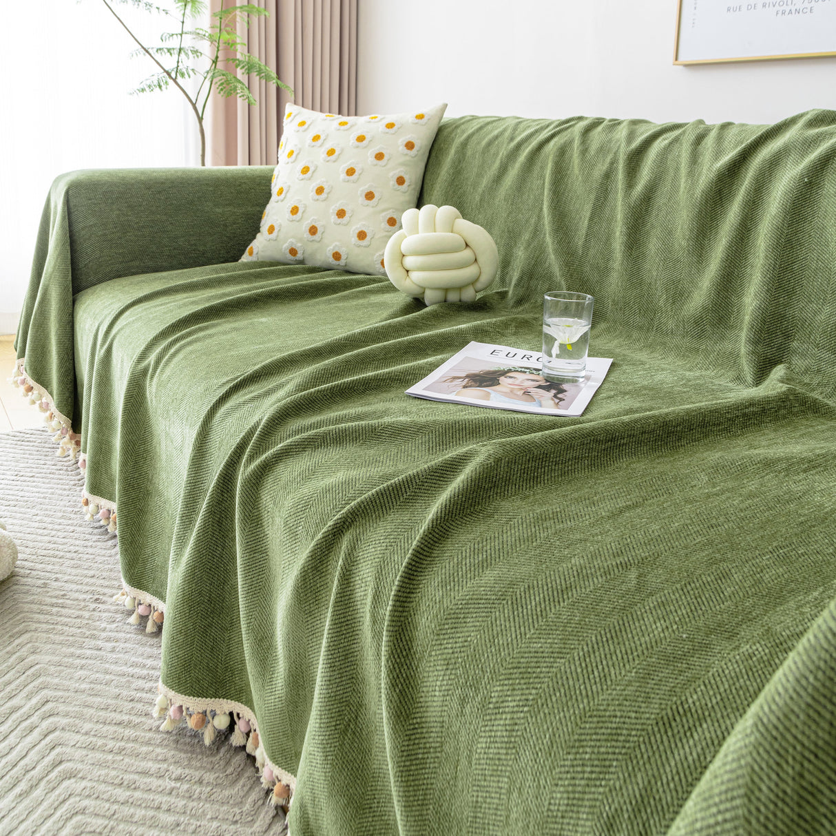 Couch Cover Sectional L Shape Chenille Herringbone Couch Throw Cover with Tassel Pom-Poms for Pets