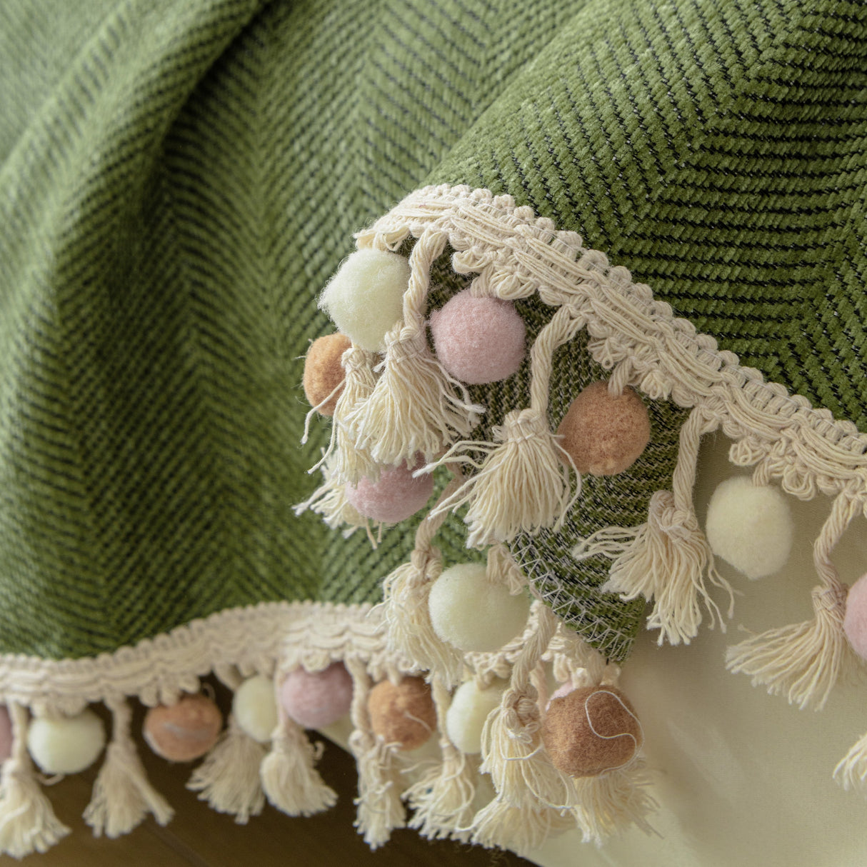 Couch Cover Sectional L Shape Chenille Herringbone Couch Throw Cover with Tassel Pom-Poms for Pets