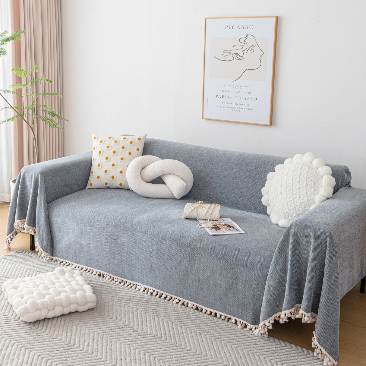 Couch Cover Sectional L Shape Chenille Herringbone Couch Throw Cover with Tassel Pom-Poms for Pets