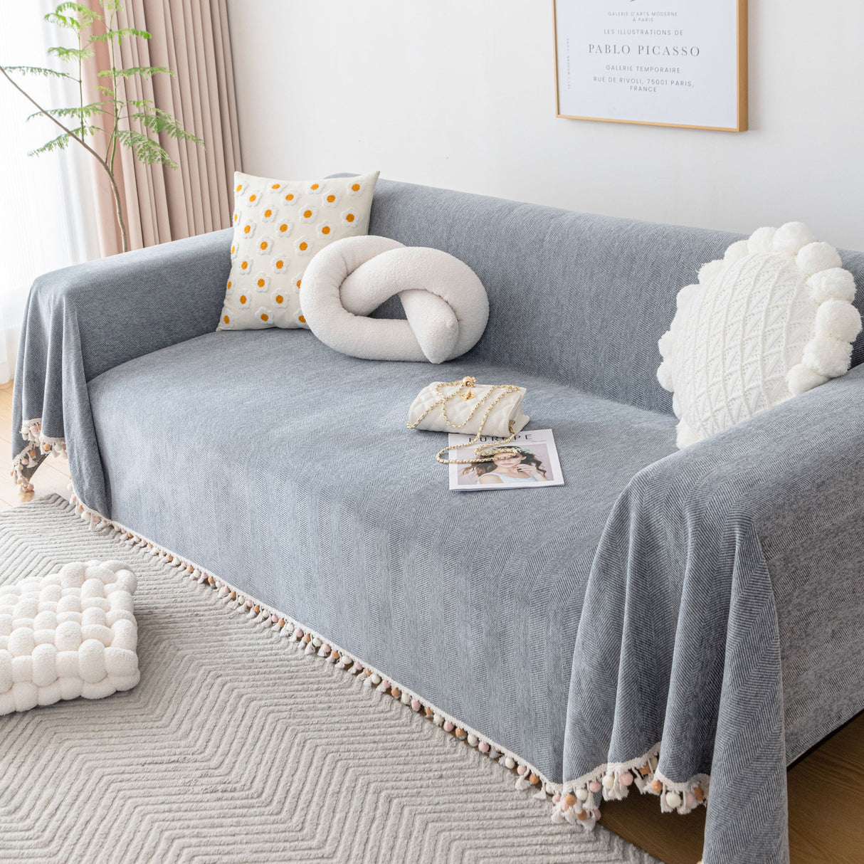 Boho Herringbone Sofa Throw Blanket with Pom Pom Tassels Stylish Furniture Slipcover