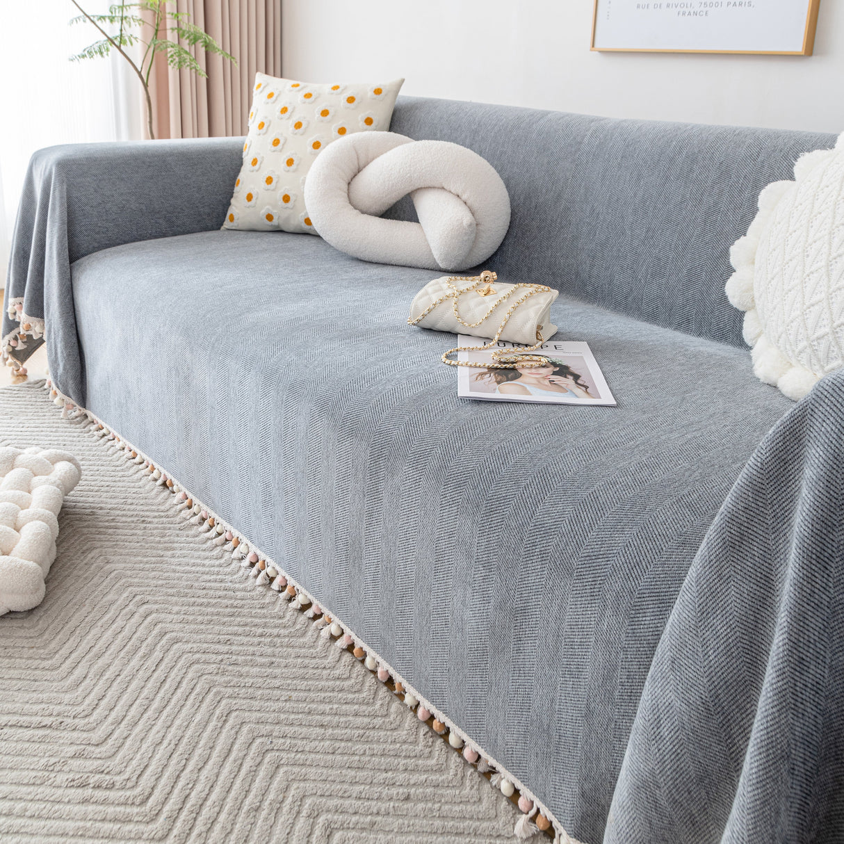 Couch Cover Sectional L Shape Chenille Herringbone Couch Throw Cover with Tassel Pom-Poms for Pets