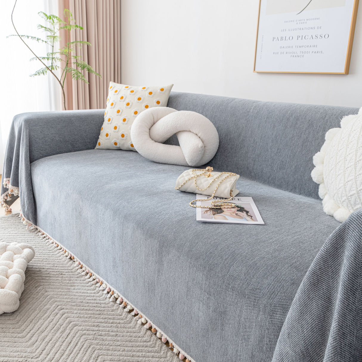 Boho Herringbone Sofa Throw Blanket with Pom Pom Tassels Stylish Furniture Slipcover